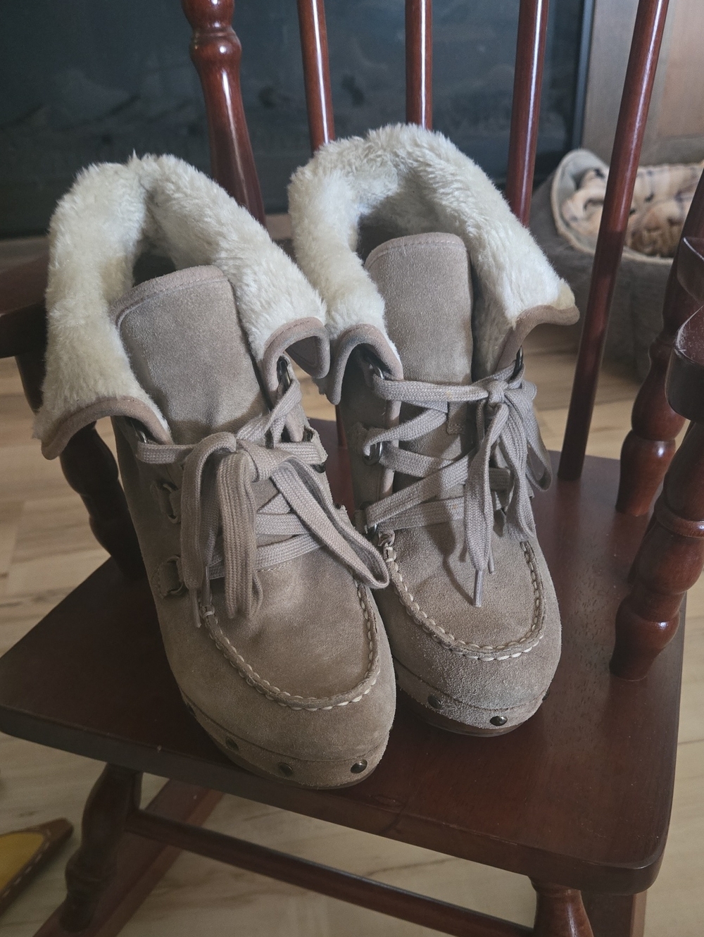 Guess Suede Taupe Bootie with Cream Faux Fur Lining And Wooden Heels
